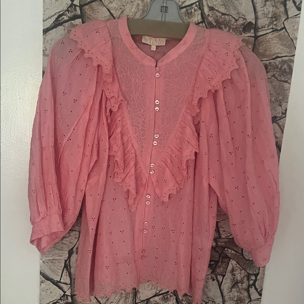 Pink Ruffled Blouse With Button Front - image 1